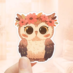 Pegatina de búho adorable, pegatinas de otoño, pegatina resistente al agua, pegatina de búho cornudo, regalo para amantes de los búhos, pegatinas de animales adorables, guardería en el bosque