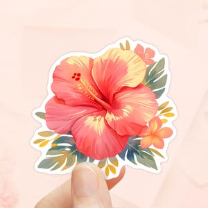 Tropischer rosa Hibiskus-Aufkleber, wasserdichtes Vinyl, Tropischer Aufkleber, hawaiianische Blume, Hydro-Aufkleber, Hibiskus-Blume, Blumenstrandaufkleber