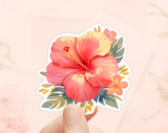 Tropisk rosa hibiskusklistermärke, vattentät vinyl, tropiskt klistermärke, hawaiiansk blomma, hydroklistermärke, hibiskusblomma, blommig strandklistermärke