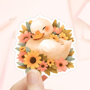 Weiße Ente mit Blumen Aufkleber, wasserdichtes Vinyl, Laptop Aufkleber, Entenaufkleber, niedlicher Tieraufkleber, Journalaufkleber, Entenliebhaber, Frühling