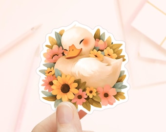 White Duck with Flowers Sticker, Waterproof Vinyl, Laptop Sticker, Duck Sticker, Cute Animal Sticker, Journal Stickers, Duck Lovers, Spring