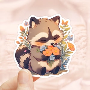 Süßer Waschbär mit Blumen Aufkleber, Laptop Aufkleber, Tierliebhaber, wasserfester Aufkleber, Journal Aufkleber, süße Tieraufkleber