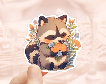 Cute Raccoon with Flowers Sticker, Laptop Sticker, Animals Lover, waterproof sticker, journal stickers, Cute Animal Stickers