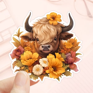 Pegatina de vaca de las tierras altas escocesas, floral, pegatina de diario, pegatinas de álbum de recortes, pegatina de planificador, calcomanías de vaca, amante de los animales, temporada de otoño