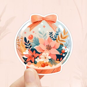 Naklejka Cute Boho Snowglobe, Wodoodporny winyl, Naklejki świąteczne, Naklejki zimowe, Naklejki świąteczne, Kwiatowa świąteczna kula śnieżna, Kwiaty