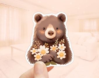 Cute Brown Bear with Flowers Sticker, waterproof sticker, Nursery Bear Sticker, Bear Lover Gift, Cute Animal Stickers, Woodland Bear Sticker