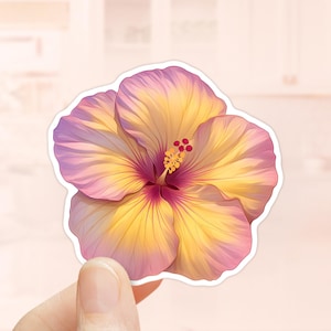 Pegatina de acuarela de hibisco amarillo rosado, vinilo resistente al agua, pegatina tropical, flor hawaiana, pegatinas para vasos, calcomanía de flor de hibisco