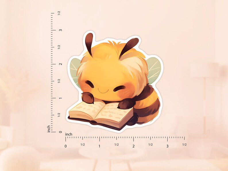 May include: A cute cartoon bee wearing a yellow and black striped body with brown legs and wings is reading a book. The bee has a happy expression on its face and is holding the book with its paws.