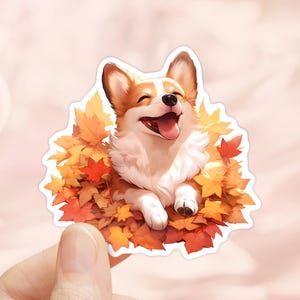 Adesivo Welsh Corgi, Folhas de bordo, Estação do outono, Adesivo de outono, Adesivo para laptop, Adesivo para copo, Decalque à prova d'água, Adesivo para scrapbook