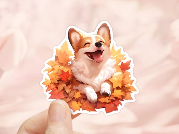 Welsh Corgi Sticker, Maple Leaves, Autumn Season, Fall Sticker, Laptop Sticker, Tumbler Sticker, Waterproof Decal, Scrapbook Sticker