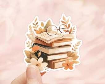 Stapel boeken herfst sticker, sticker bloemen boeken, cadeaus boekenliefhebbers, Kindle-stickers, leesstickers, sticker hydro, sticker waterfles