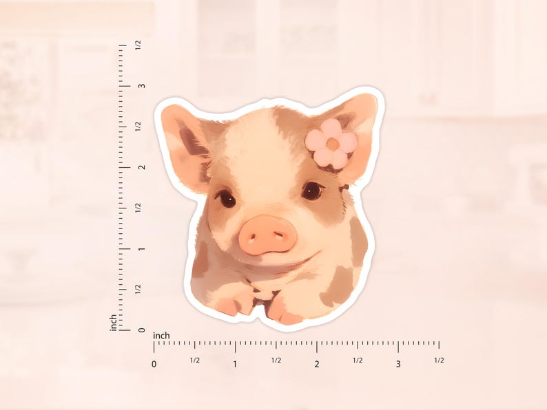 May include: A close-up of a small piglet with a pink flower on its head. The piglet is light pink with brown spots and has a sweet expression on its face.