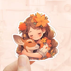 Pegatina de niña linda abrazando a un ciervo, temporada de otoño, pegatina para botella de agua, pegatina de estilo cottagecore, pegatina de naturaleza, amantes de los animales, otoño