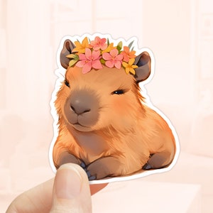 Pegatina de capibara bebé con flores, capibara adorable, pegatina para portátil, pegatina de roedor, pegatinas impermeables, pegatina de animal adorable