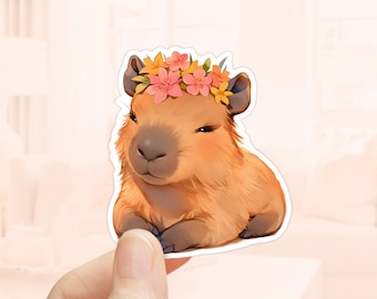 Sticker babycapibara met bloemen, schattige capibara, laptopsticker, knaagdiersticker, waterdichte stickers, schattige dierensticker