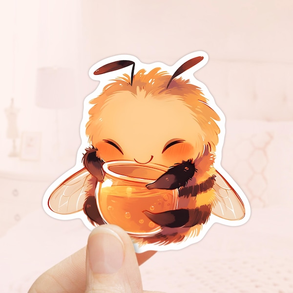 Fluffy Bumblebee with Honey Sticker, Journal Sticker, Bug Decal, Waterproof vinyl, Bee Stickers, Bumblebee Sticker, Honeybee