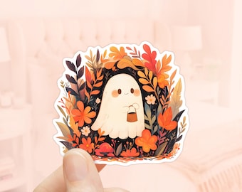 かわいい秋のゴーストステッカー、秋のステッカー、防水ビニール、秋の花、ゴーストステッカー、ハロウィン、魔女、不気味なステッカー