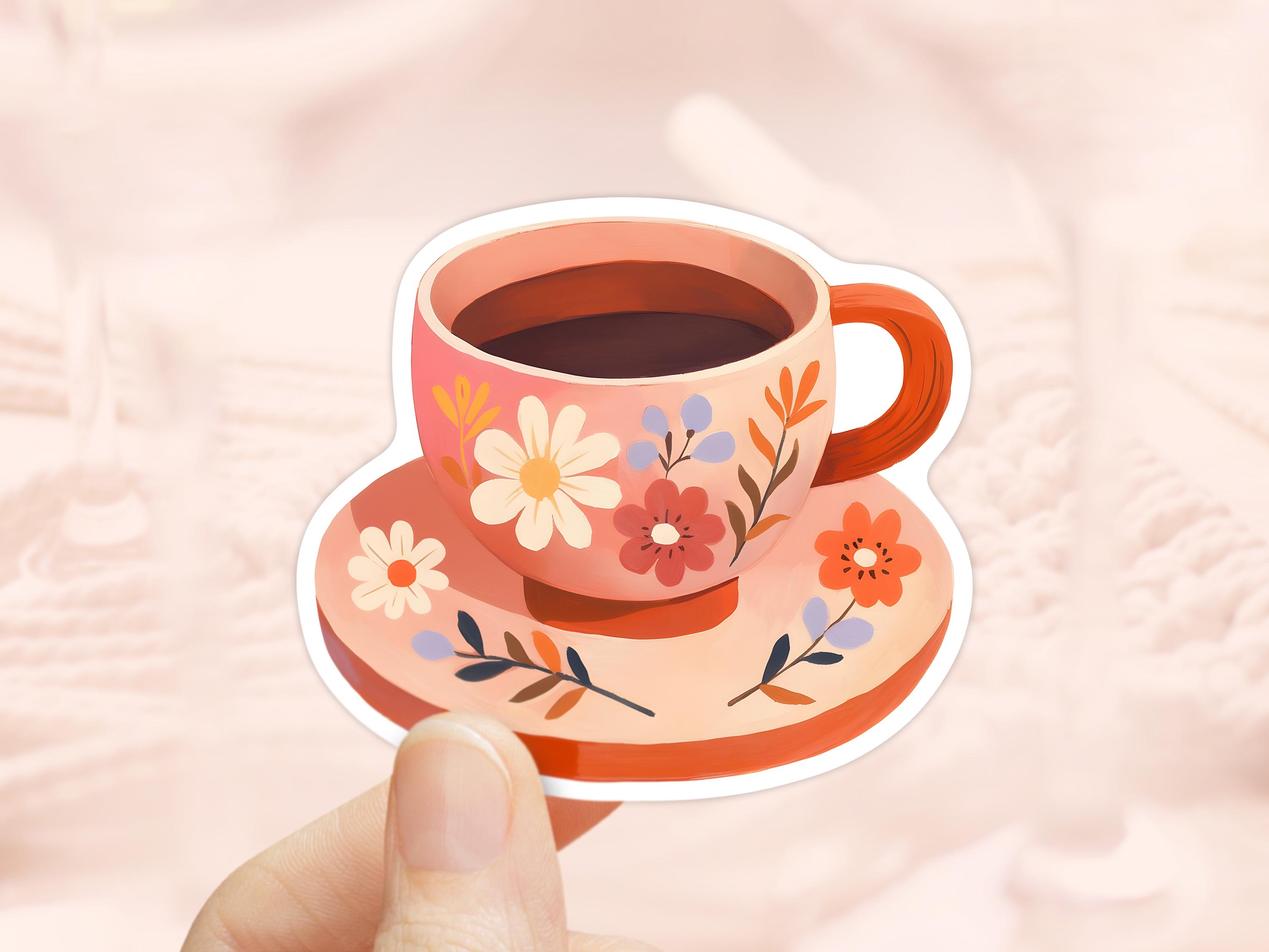 Retro Flower Cup Sticker, Teacup stickers, Waterproof Vinyl, Floral Coffee Mug Sticker, Water Bottle Sticker, Coffee Lovers, Cottagecore