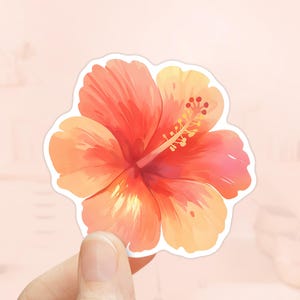 Pastell Orange Hibiskus Aufkleber, Tropische Aufkleber, wasserdichtes Vinyl, hawaiianische Blume, Aquarell Hibiskus, Wasserflasche Aufkleber