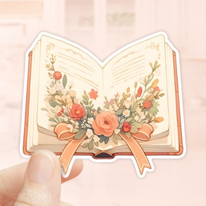 Adesivo de flores selvagens de livro aberto, vinil à prova d'água, cottagecore, adesivo kindle, decalque de leitura, adesivos hygge, amantes de livros