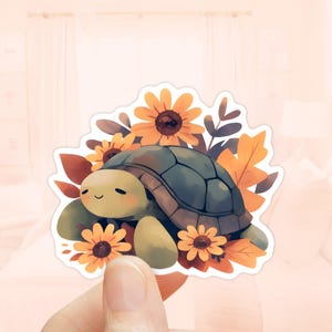 Pegatina de tortuga de otoño, vinilo resistente al agua, pegatinas de otoño, tortuga floral, pegatina de animal bonito, pegatinas de diario, regalo para amantes de las tortugas, calcomanía de tortuga