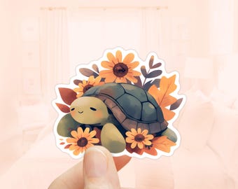 Pegatina de tortuga de otoño, vinilo resistente al agua, pegatinas de otoño, tortuga floral, pegatina de animal bonito, pegatinas de diario, regalo para amantes de las tortugas, calcomanía de tortuga