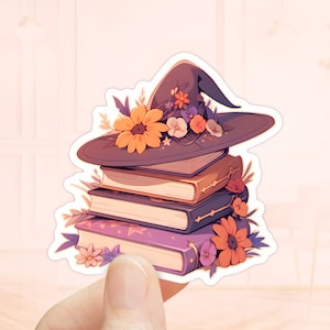 Sticker chapeau de sorcière sur livres, autocollants de journal, autocollant de scrapbooking, autocollants Kindle, livresque, magique, sorcière, lecture, cadeaux pour les amateurs de lecture