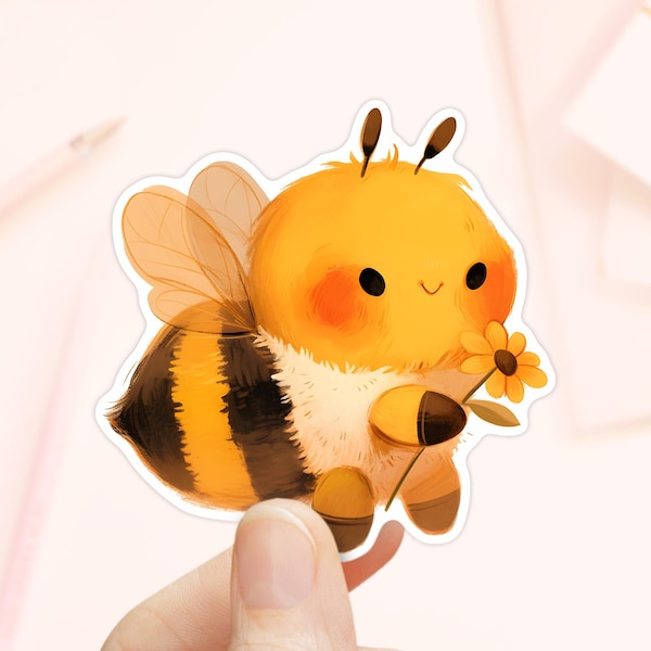 Adorable Bumblebee with Flower Sticker, Journal Sticker, Bug Decal, Waterproof vinyl, Bee Stickers, Bumblebee Sticker, Honeybee