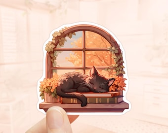 Pegatina para ventana de gato negro otoñal, pegatinas de otoño, vinilo resistente al agua, pegatina de bruja, pegatinas para Kindle, mágico, Halloween, gatos