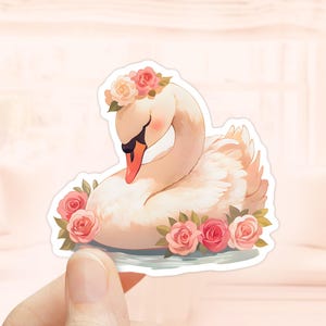 Süßer Schwan Aufkleber, wasserdichtes Vinyl, Kokette Aufkleber, Vogelaufkleber, süße Tieraufkleber, Kokette Schwan, Blumenschwan, Girly Aufkleber
