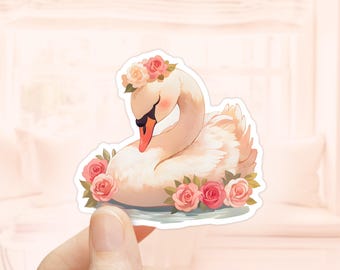Sticker schattige zwaan, waterdicht vinyl, stickers coquette, vogelsticker, stickers schattige dieren, zwaan coquette, bloemenzwaan, meisjesstickers