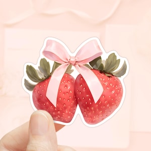 Pegatina de lazo rosa con fresas, pegatina de coqueta, pegatina de botella de agua, pegatina de Kindle, pegatina de niña, pegatina de lazos, estética de la era de las chicas suaves