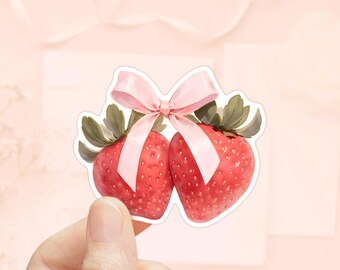 Strawberries Pink Bow Sticker, Coquette Sticker, Water Bottle Sticker, Kindle Sticker, Girly Sticker, Bows Sticker, Soft Girl Era Aesthetic