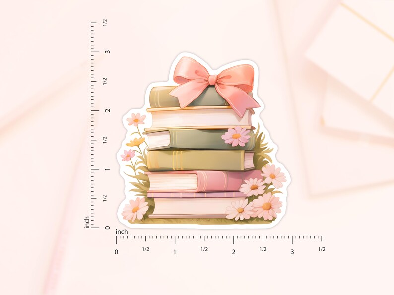 May include: A stack of five books with a pink bow on top. The books are surrounded by pink flowers and green leaves.