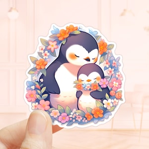 Mamá Pingüino con pegatina de bebé, pegatina de computadora portátil, amante de los animales, pegatinas impermeables, pegatinas de planificador, pegatinas de pingüinos, pegatina de Kindle