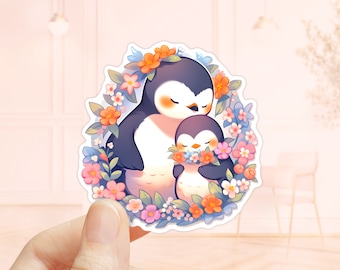 Mamá Pingüino con pegatina de bebé, pegatina de computadora portátil, amante de los animales, pegatinas impermeables, pegatinas de planificador, pegatinas de pingüinos, pegatina de Kindle