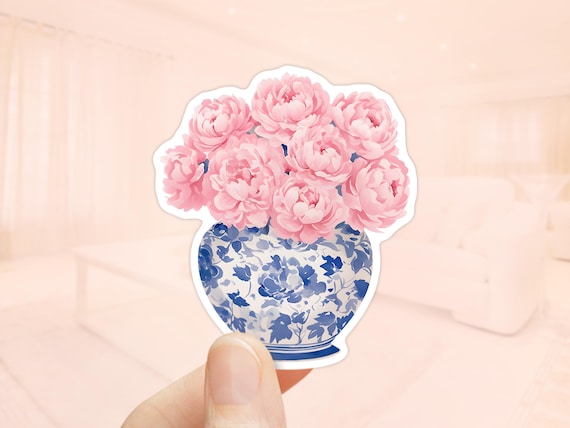 Pink Peonies Chinoiserie Sticker, Watercolor Peonies, Waterproof vinyl, Laptop Sticker, Flower Stickers, Blue Chinoiserie Vase, Peony Decal