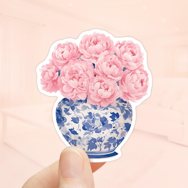 Pink Peonies Chinoiserie Sticker, Watercolor Peonies, Waterproof vinyl, Laptop Sticker, Flower Stickers, Blue Chinoiserie Vase, Peony Decal