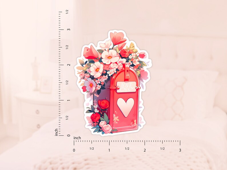 May include: A red mailbox with a heart-shaped opening and the words "Love Letters" on the front. The mailbox is overflowing with pink, white, and red flowers.