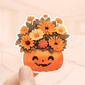 Bloemen pompoen sticker, waterdichte sticker, herfststicker, herfstseizoen, schattige Jack O Lantern, pompoenstickers, herfstbloemen, Halloween
