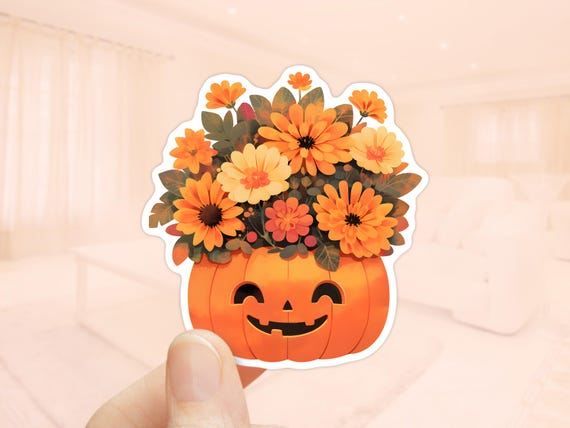 Floral Pumpkin Sticker, Waterproof sticker, Fall Sticker, Autumn Season, Cute Jack O Lantern, Pumpkin Stickers, Fall Flowers, Halloween