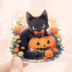 Pumpkin Black Cat Sticker, Vinyl Sticker, Fall, Laptop Sticker, spooky season, Autumn Season, Waterproof Sticker, Halloween Stickers