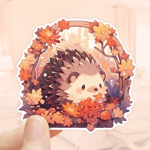 Adesivo de ouriço Kawaii, folhas de bordo, estação de outono, adesivo de outono, adesivo para laptop, adesivo para copo, decalque à prova d'água, adesivo para álbum de recortes