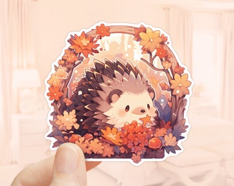 Kawaii Hedgehog Sticker, Maple Leaves, Autumn Season, Fall Sticker, Laptop Sticker, Tumbler Sticker, Waterproof Decal, Scrapbook Sticker