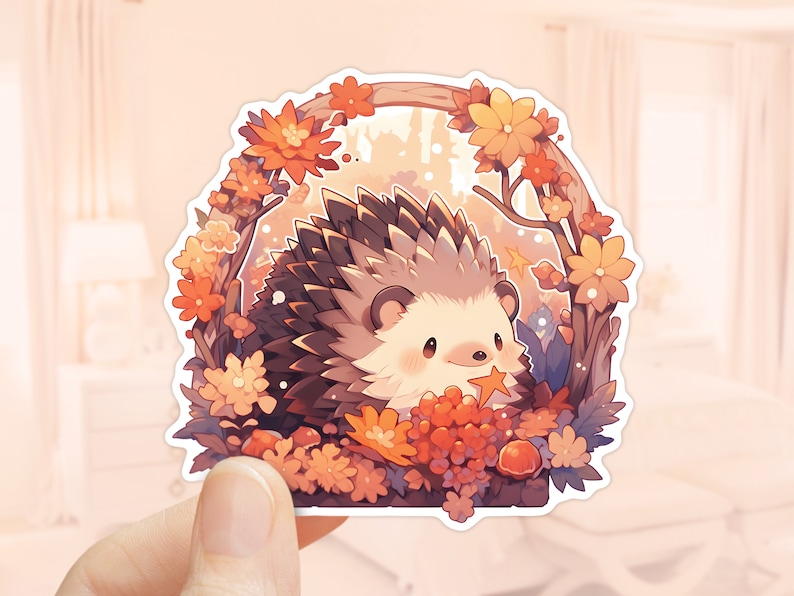 May include: A sticker with a charming hedgehog illustration, set within a frame of autumnal leaves and flowers. The colour palette includes orange, brown, and yellow. The design has a whimsical, cartoon style, suitable for autumn-themed crafts and decorations.
