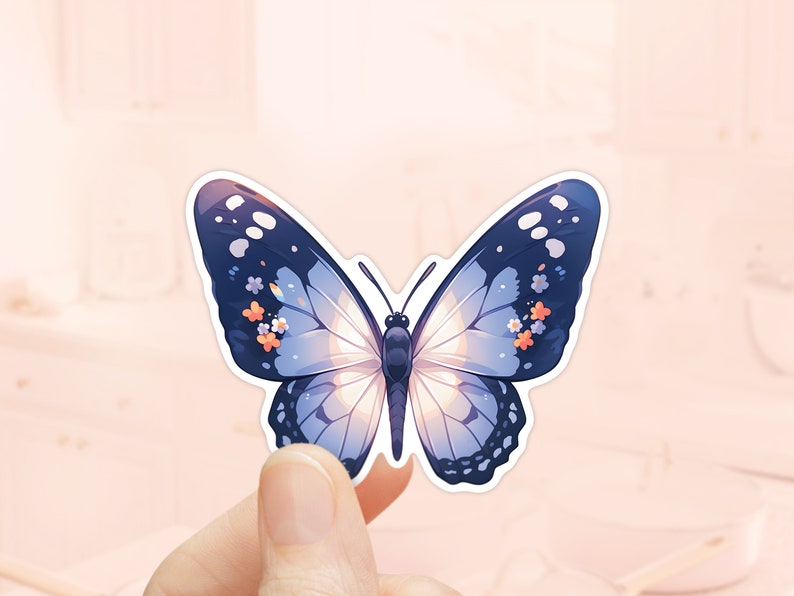 May include: A blue butterfly sticker with a white and purple iridescent sheen and small flower accents.