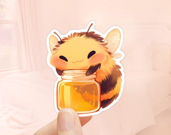 May include: A cute cartoon bee with large, round eyes and a fuzzy yellow body is holding a jar of honey. The bee has black and brown stripes on its abdomen and small, translucent wings. The jar of honey is clear and filled with a golden liquid.