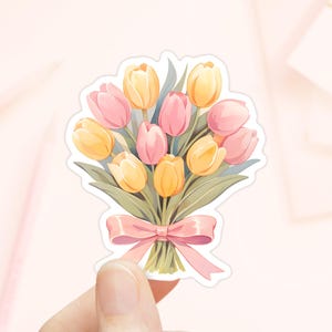 Sticker bouquet de tulipes, Vinyle imperméable, Sticker pour bouteilles d'eau, Sticker Kindle, Saison printanière, Fleurs de tulipe, Stickers de Pâques