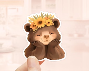 Brown Bear with Floral Crown Sticker, waterproof sticker, Nursery Bear Sticker, Bear Lover Gift, Cute Animal Stickers, Woodland Bear Sticker