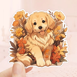 Autocollant Golden Retriever, Fleurs d’automne, Saison d’automne, Amoureux des chiens, Autocollant d’ordinateur portable, Autocollant Tumbler, Autocollant imperméable à l’eau, Autocollant Scrapbook